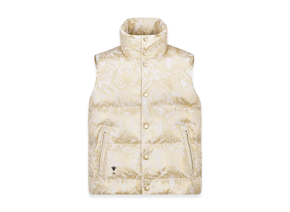 Dior Women's Alps Puffer Vest Quilted Technical Taffeta Gold Tone Allover Butterfly Motif "White/Gold"