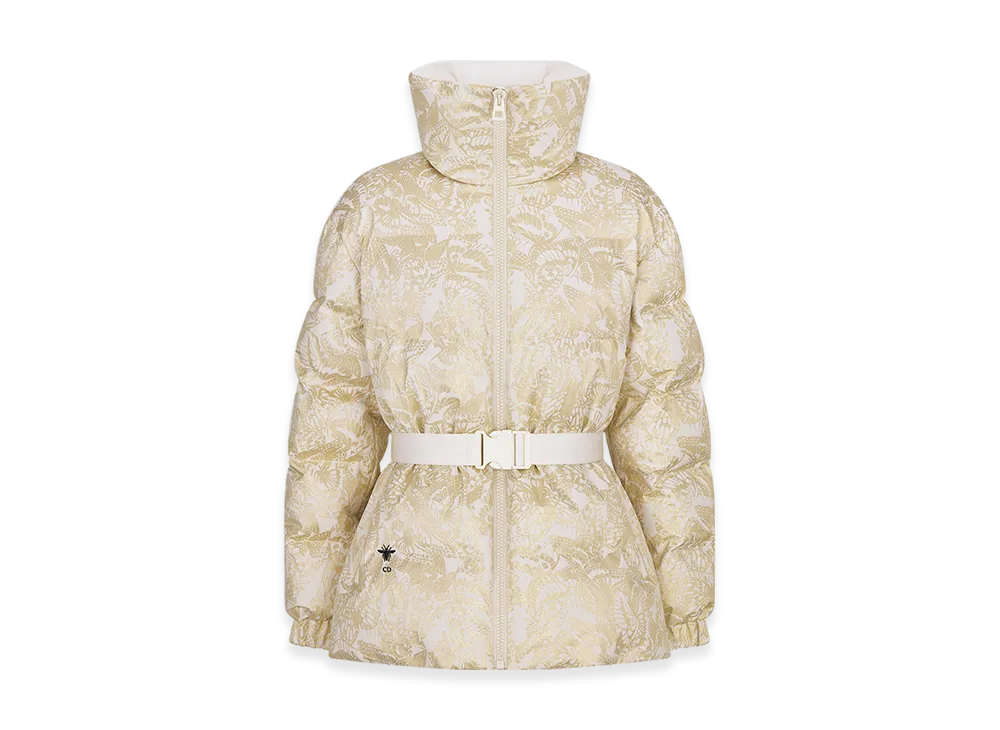 Dior Women's Dioralps Puffer Jacket with Belt Quilted Technical Taffeta Allover Butterfly Motif "White/Gold"