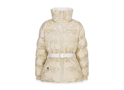 Dior Women's Dioralps Puffer Jacket with Belt Quilted Technical Taffeta Allover Butterfly Motif "White/Gold"