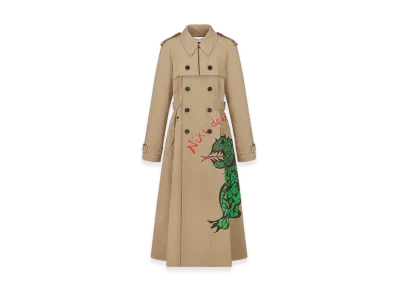 Dior Women's Trench Coat Gabardine Dragon Motif "Beige/Green"
