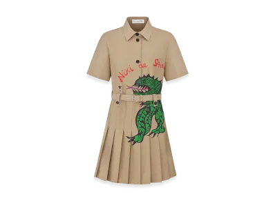 Dior Women's Pleated Shirt Dress Gabardine Dragon Motif "Beige/Green"