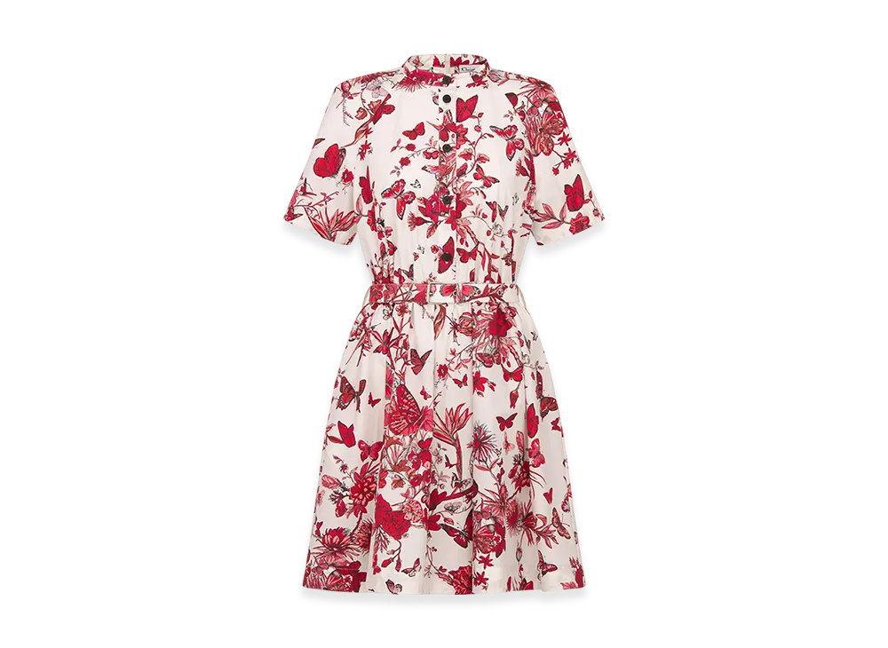 Dior Women's Belted Shirt Dress Silk Poplin Mexico Motif "White/Red"