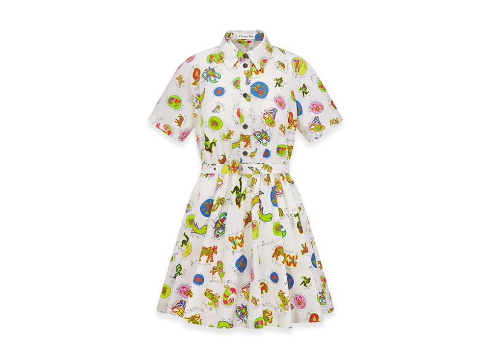 Dior Women's Belted Shirt Dress Silk Twill Dragon Zodiac Motif "White/Multicolor"