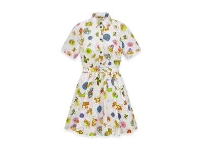 Dior Women's Belted Shirt Dress Silk Twill Dragon Zodiac Motif "White/Multicolor"