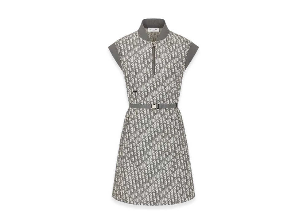 Dior Women's Technical Taffeta Jacquard with Dior Oblique Motif Belted Dress "Gray"