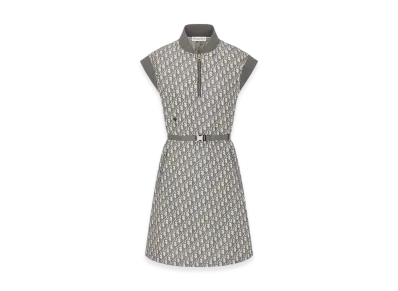 Dior Women's Technical Taffeta Jacquard with Dior Oblique Motif Belted Dress "Gray"