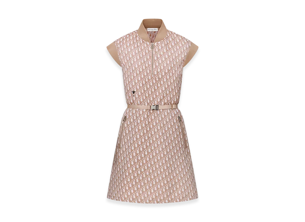 Dior Women's Belted Dress Technical Taffeta Jacquard Oblique Motif "Melocoton Pink"