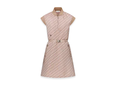 Dior Women's Belted Dress Technical Taffeta Jacquard Oblique Motif "Melocoton Pink"