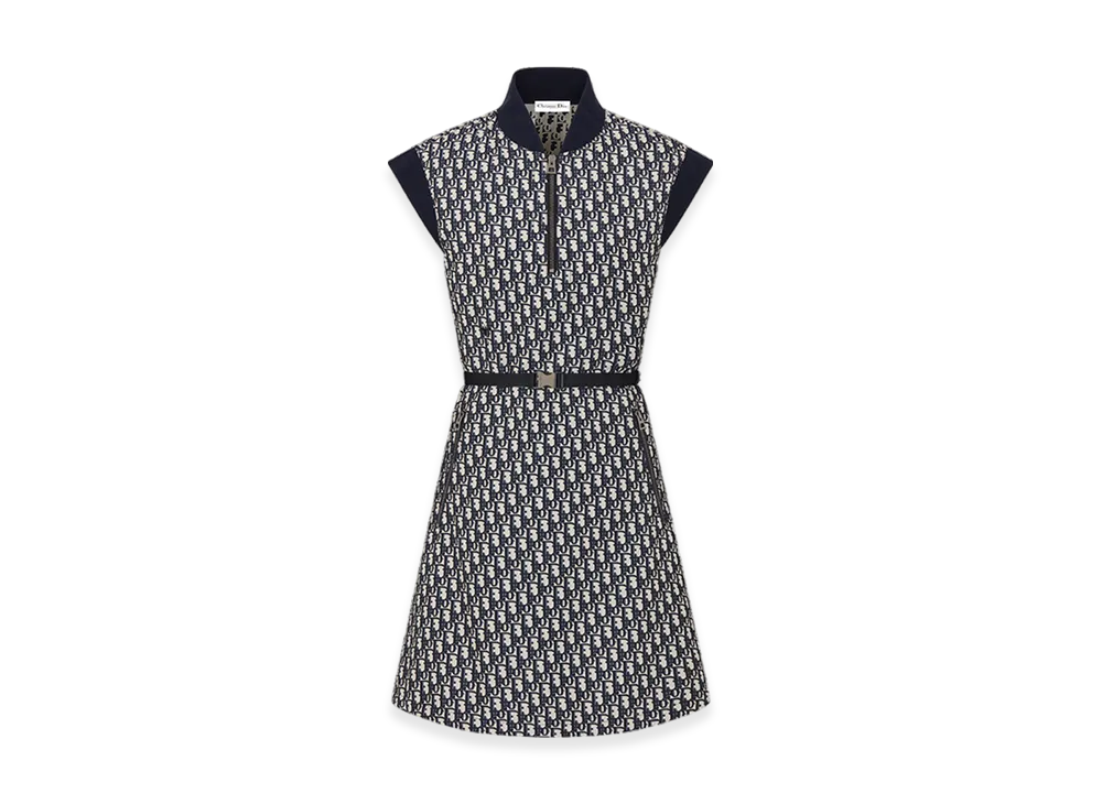 Dior Women's Belted Dress Technical Taffeta Jacquard Oblique Motif "Blue"