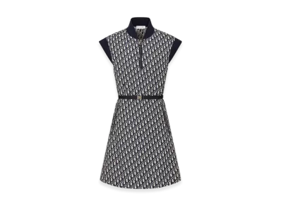 Dior Women's Belted Dress Technical Taffeta Jacquard Oblique Motif "Blue"