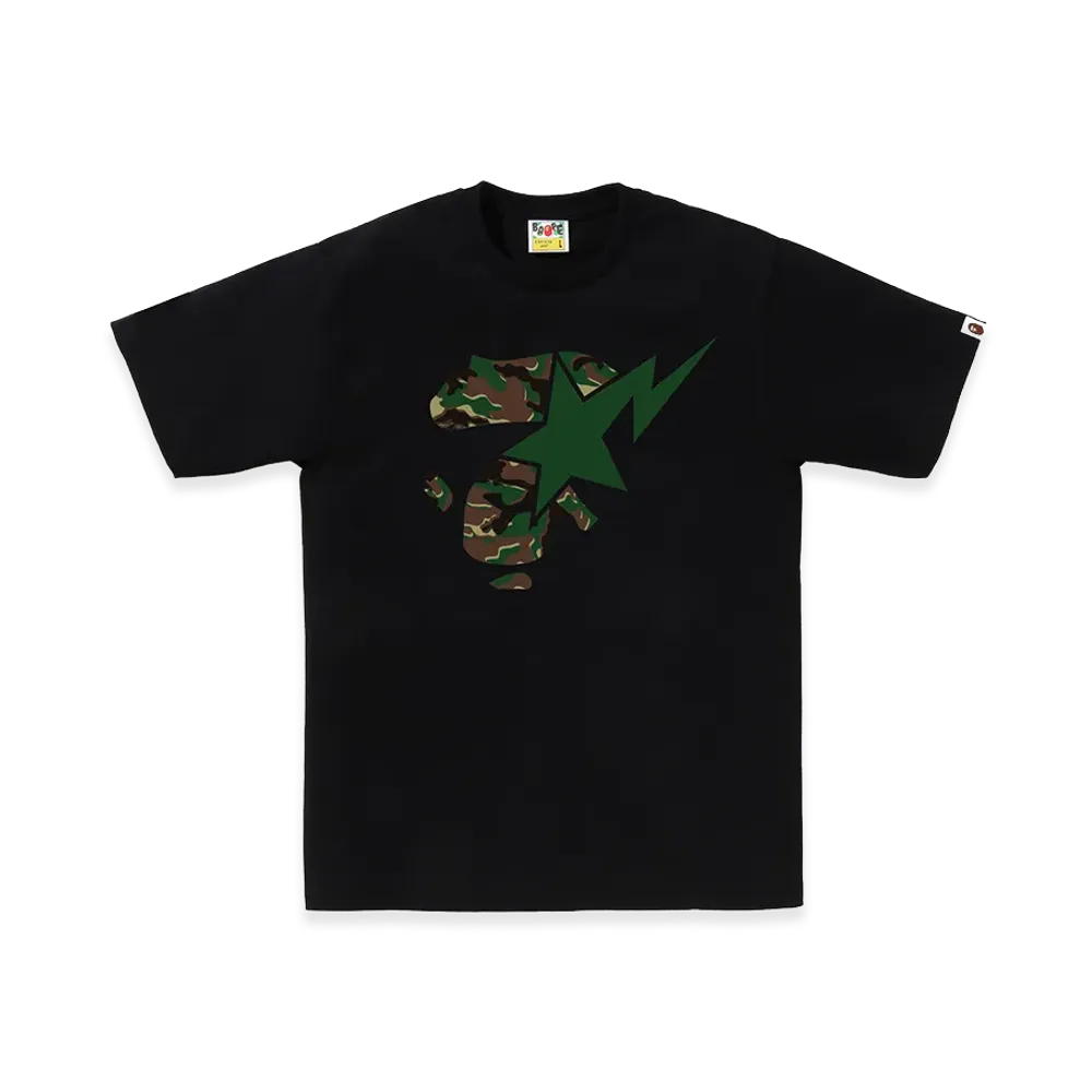 A BATHING APE Glitch Woodland Camo Ape Face Sta Tee "Black/Green"