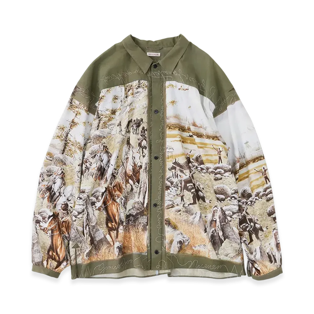 NICENESS Numan Rayon Cotton Printed Trucker Shirt "Khaki"