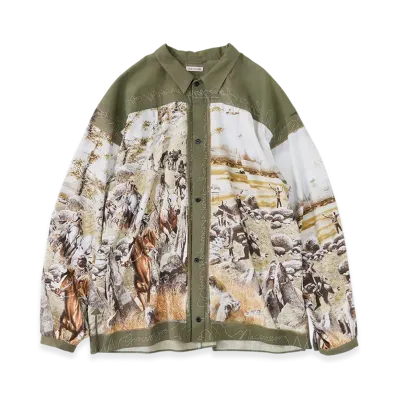 NICENESS Numan Rayon Cotton Printed Trucker Shirt "Khaki"