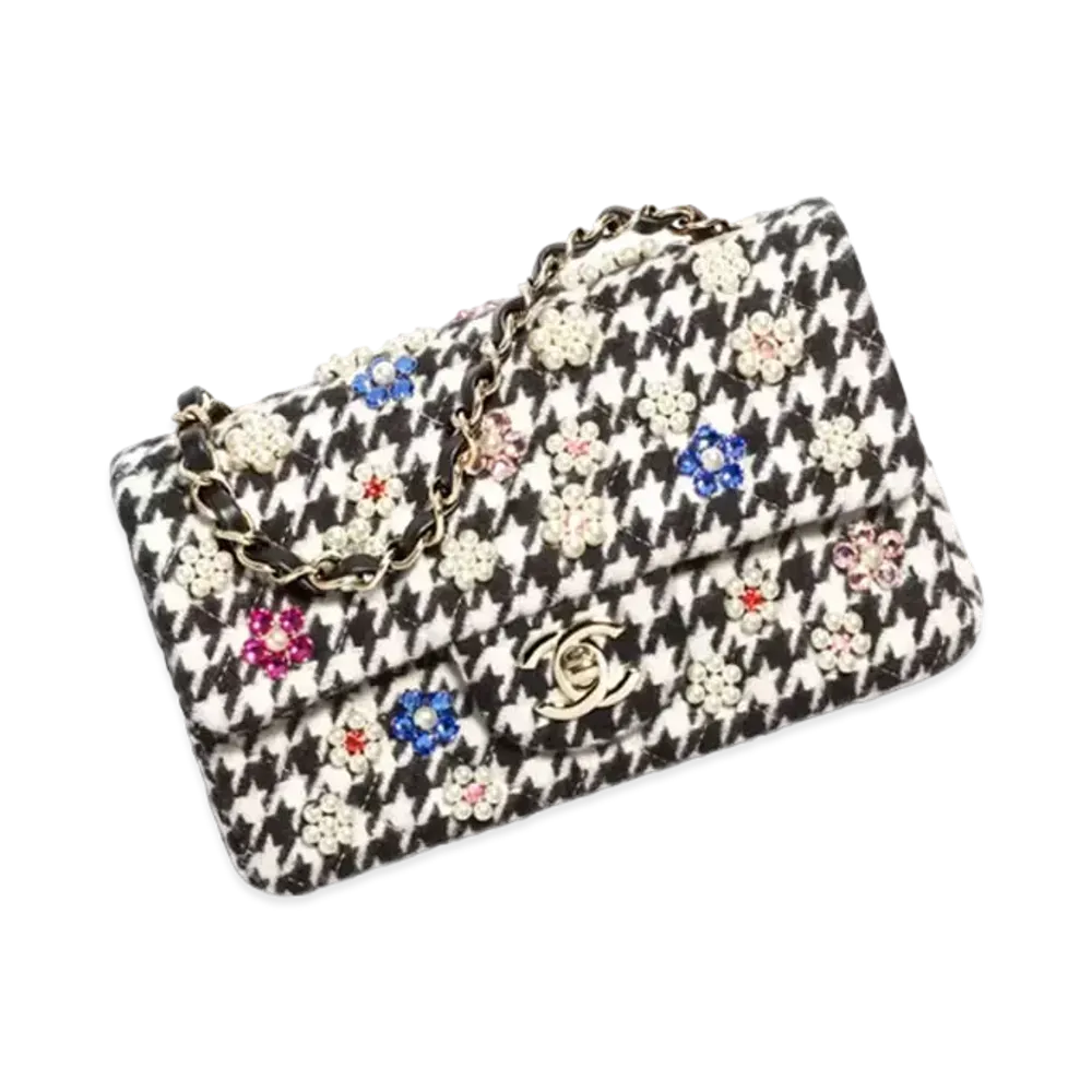 CHANEL Mini Classic Handbag Embroidered Tweed, Imitation Pearls, Strass & Gold-Tone Metal "Black/White"