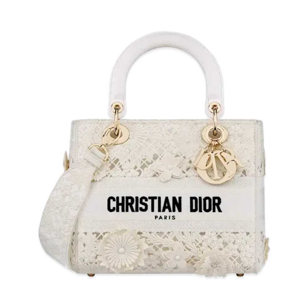 Dior Medium Lady D Lite Bag D-Lace Embroidery 3D Macrame Effect "White"