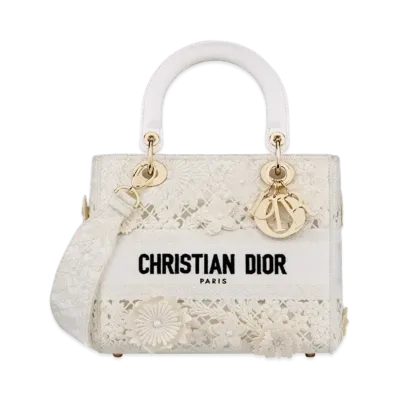 Dior Medium Lady D Lite Bag D-Lace Embroidery 3D Macrame Effect "White"
