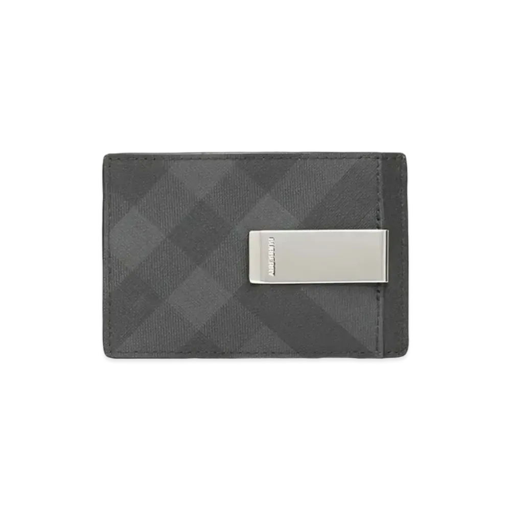 Burberry Check Leather Card Case With Money Clip "Gray"