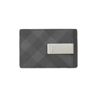 Burberry Check Leather Card Case With Money Clip "Gray"