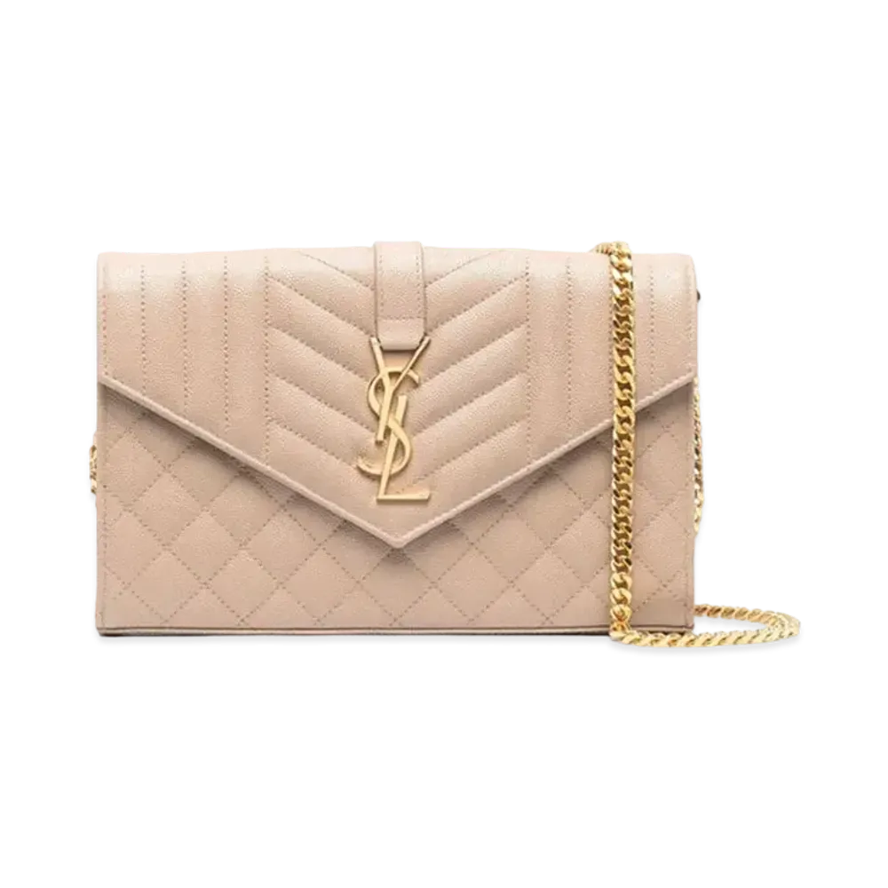 Saint Laurent Monogram Chain Wallet In Mix Matelasse Grain De Poudre Embossed Leather "Dark Beige"