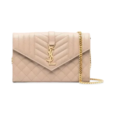 Saint Laurent Monogram Chain Wallet In Mix Matelasse Grain De Poudre Embossed Leather "Dark Beige"
