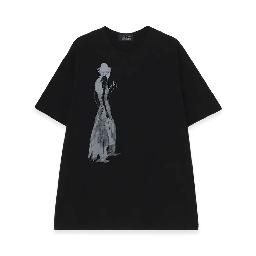 Yohji Yamamoto Combed Jersey Pigmented PT Short Slv Round Neck Print T "Black"