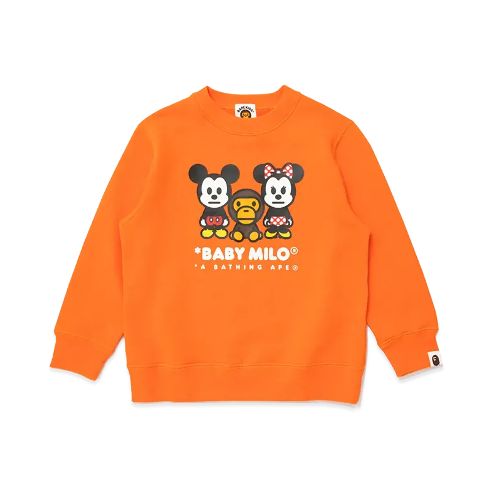A BATHING APE x Disney Kids Mickey Minnie Baby Milo Crewneck Sweatshirt "Orange"