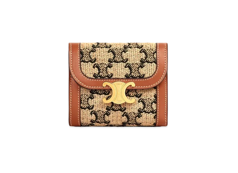 CELINE Small Triomphe Wallet In Textile With Triomphe And Calfskin "Natural/Tan"