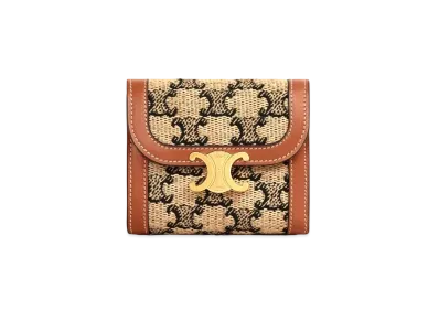 CELINE Small Triomphe Wallet In Textile With Triomphe And Calfskin "Natural/Tan"