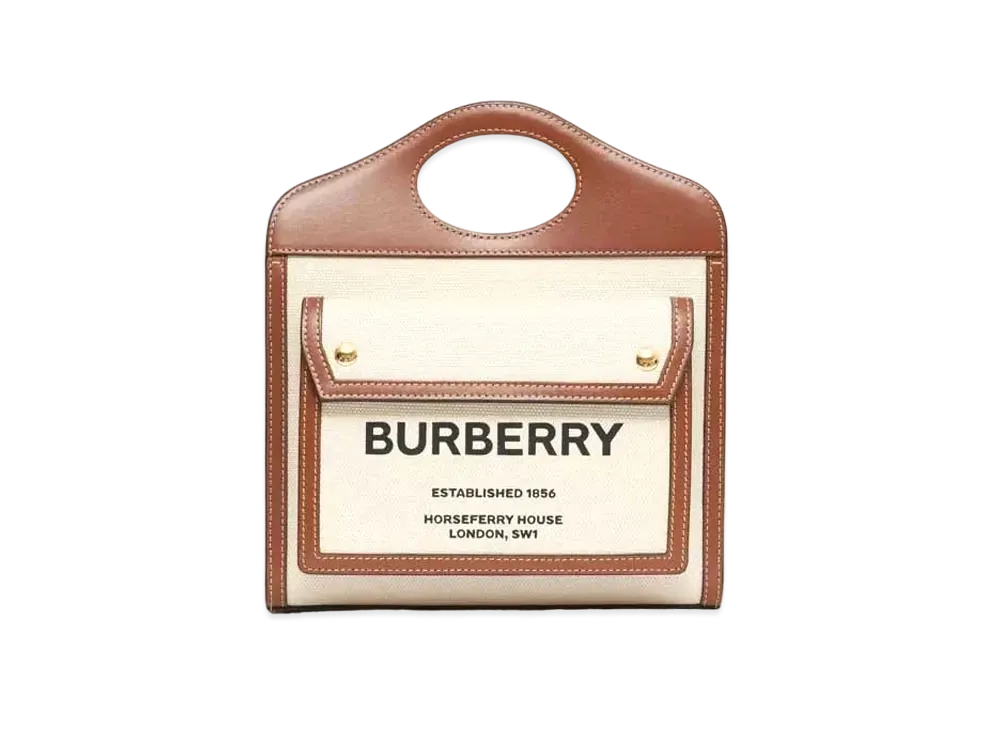 バーバリー ミニ ツートン キャンバス＆レザー ポケットバッグ "ナチュラル/モルトブラウン" 80393611