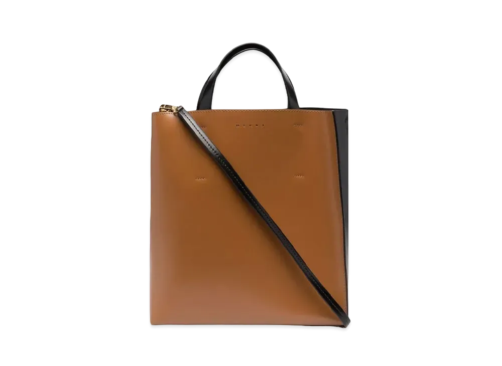 Marni Brown And Black Calf Leather Small Museo Tote Bag "Orange"