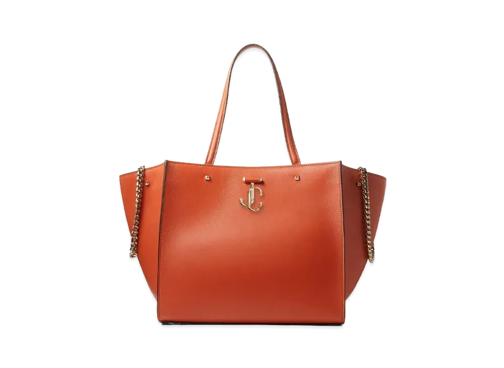 JIMMY CHOO VARENNE TOTE Light Gold JC Logo With Fine Shiny Curf Leather Tote Bag "Dark Amber Orange"