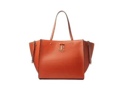 JIMMY CHOO VARENNE TOTE Light Gold JC Logo With Fine Shiny Curf Leather Tote Bag "Dark Amber Orange"