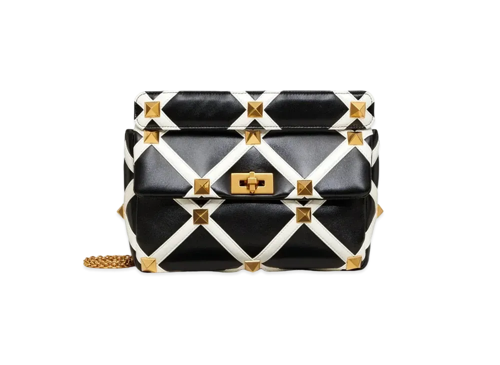 Valentino Large Roman Stud The Shoulder Bag In Nappa With Grid Detailing "Black/Ivory"