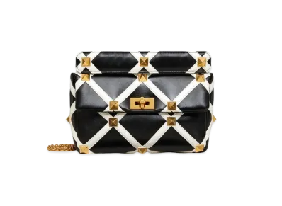 Valentino Large Roman Stud The Shoulder Bag In Nappa With Grid Detailing "Black/Ivory"