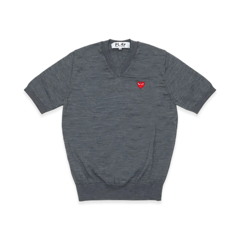PLAY COMME des GARCONS V-Neck Short Sleeve Sweater With Red Medium Emblem "Medium Gray"
