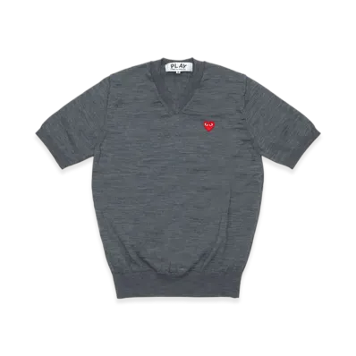 PLAY COMME des GARCONS V-Neck Short Sleeve Sweater With Red Medium Emblem "Medium Gray"