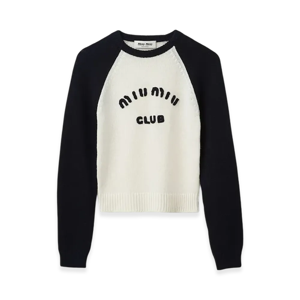 MIU MIU Women's Cashmere Crew Neck Sweater "White/Blue"