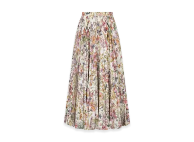 Dior Women's Mid-Length Pleated Skirt Silk Poplin 4 Saisons Ete Motif "White/Multicolor"
