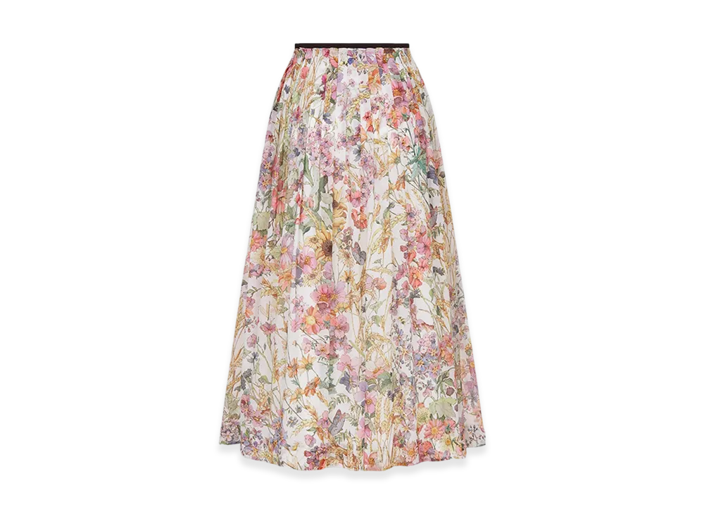 Dior Women's Mid-Length Pleated Skirt Voile 4 Saisons Ete Motif "White/Multicolor"