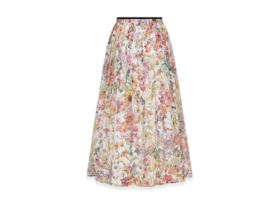 Dior Women's Mid-Length Pleated Skirt Voile 4 Saisons Ete Motif "White/Multicolor"