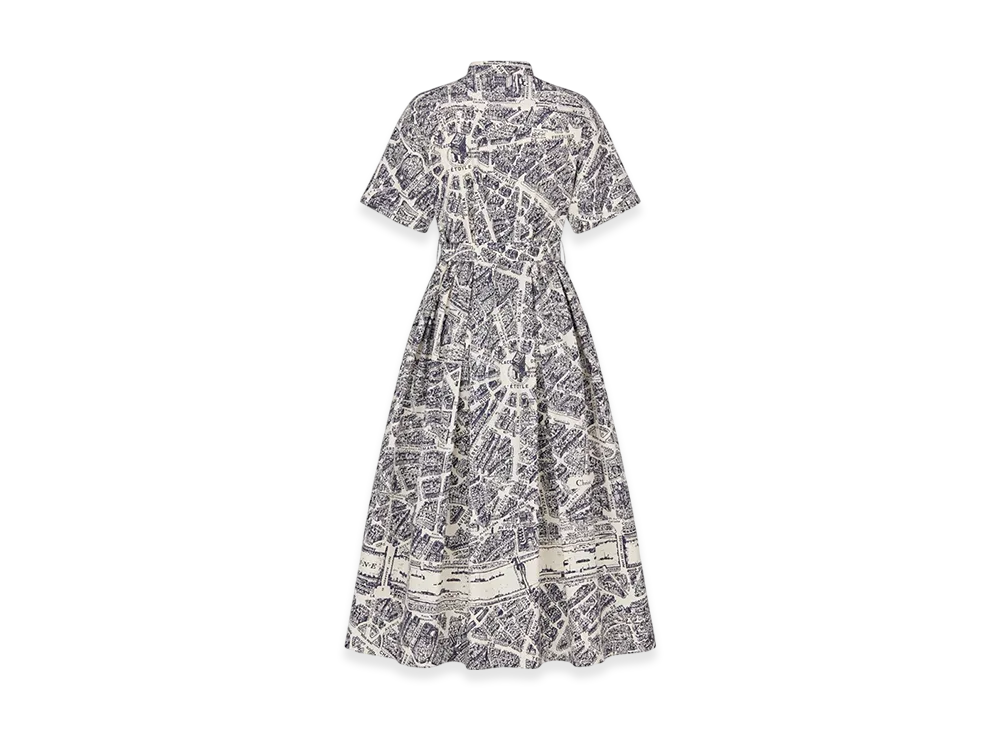 Dior Women's Mid-Length Belted Shirt Dress Silk Poplin Plan Paris Motif "White/Navy Blue"