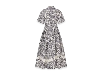 Dior Women's Mid-Length Belted Shirt Dress Silk Poplin Plan Paris Motif "White/Navy Blue"