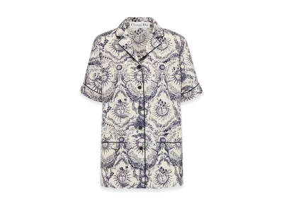Dior Women's Short-Sleeved Shirt Soleil Silk Twill "White/Navy Blue"