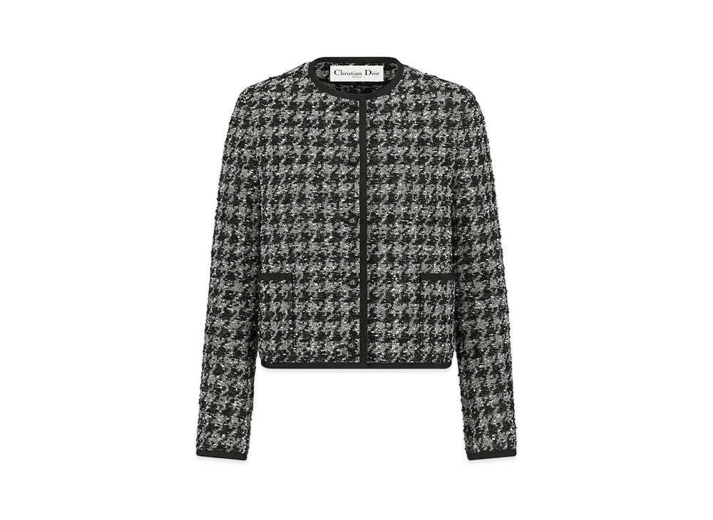 Dior Cropped Jacket Houndstooth Technical Cotton Tweed "Black/White"