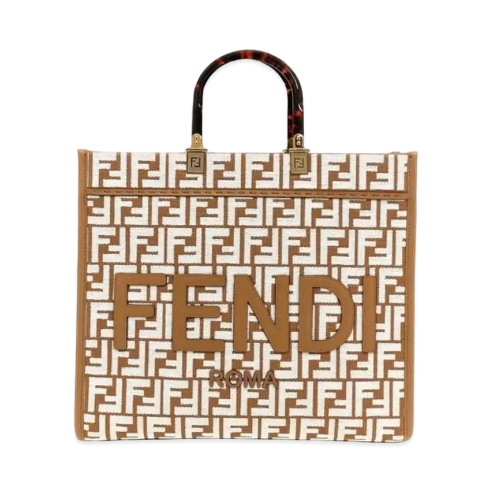 FENDI Sunshine Medium Raffia Shopper Bag Tapestry Fabric FF Motif "White"