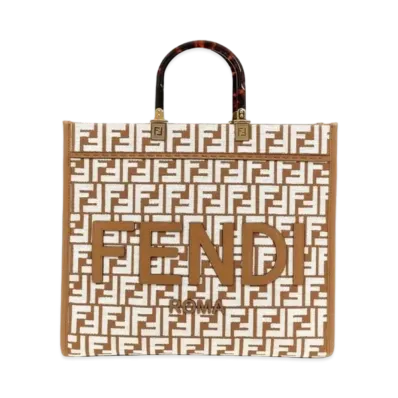 FENDI Sunshine Medium Raffia Shopper Bag Tapestry Fabric FF Motif "White"
