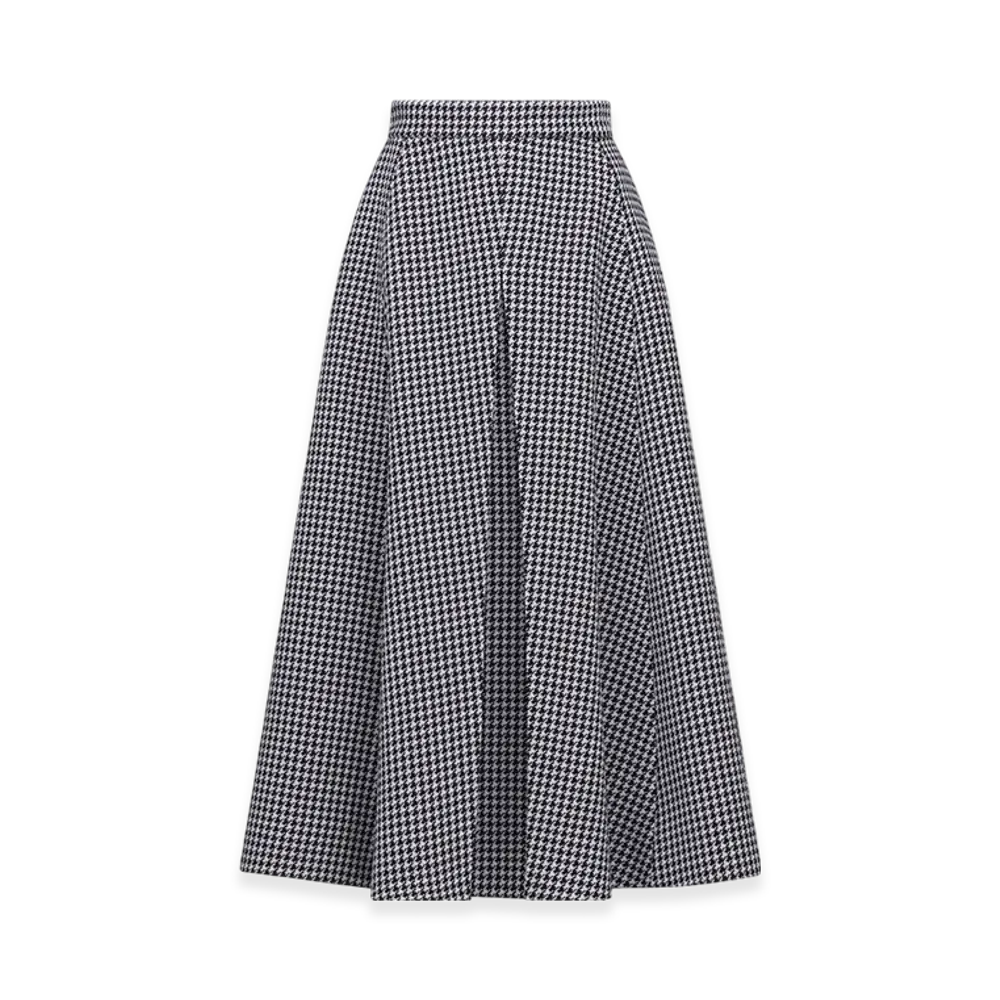 Dior Women's Mid-Length Skirt with Slit Houndstooth Wool "Black/White"