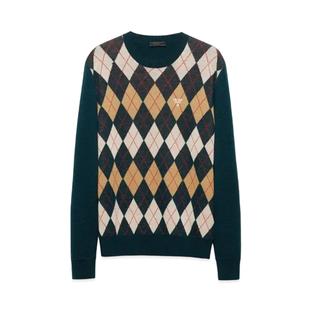 PRADA Men's Wool Crew-Neck Sweater with An Argyle Pattern "Dark Green"