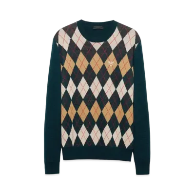 PRADA Men's Wool Crew-Neck Sweater with An Argyle Pattern "Dark Green"