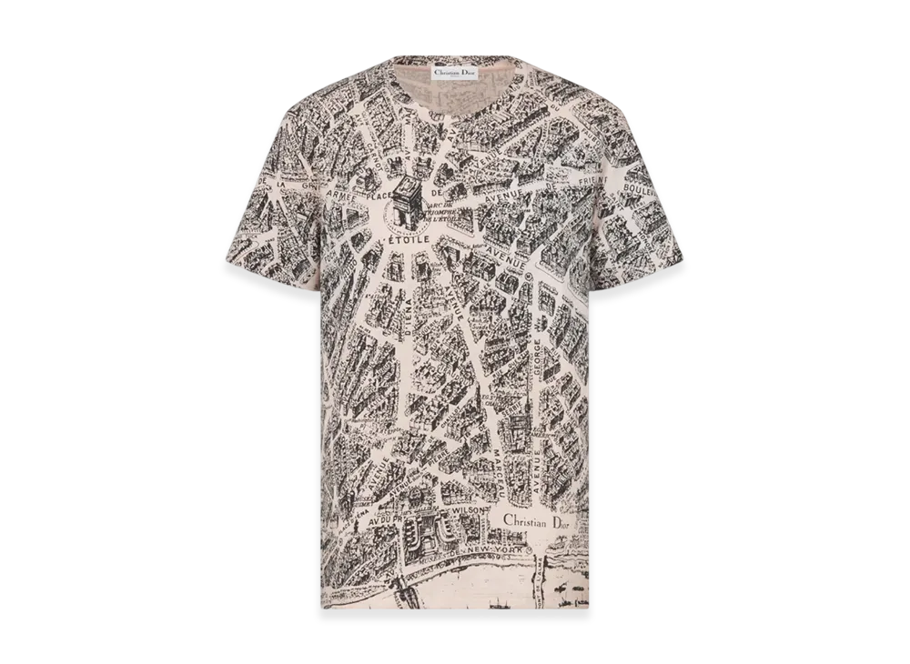 Dior Women's Cotton and Linen Jersey with Plan de Paris Motif T-Shirt "White/Navy Blue"